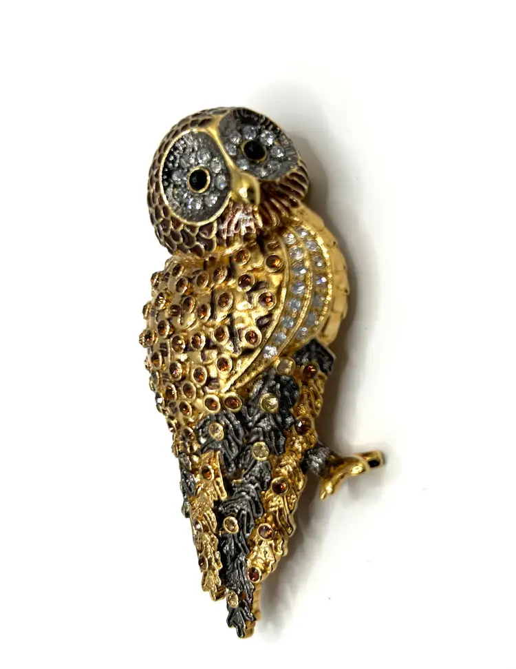 Nolan Miller Rhinestone Owl Brooch 3”x 2”