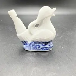 Vintage Blue & White Porcelain Ceramic Duck Bird Whistle Figurine Toy Miniature