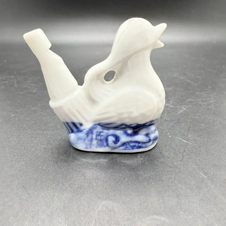 Vintage Blue & White Porcelain Ceramic Duck Bird Whistle Figurine Toy Miniature