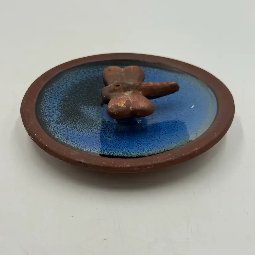 Red Clay Pottery Sculpted Dragonfly Incense Holder Trinket Dish Cobalt Glaze