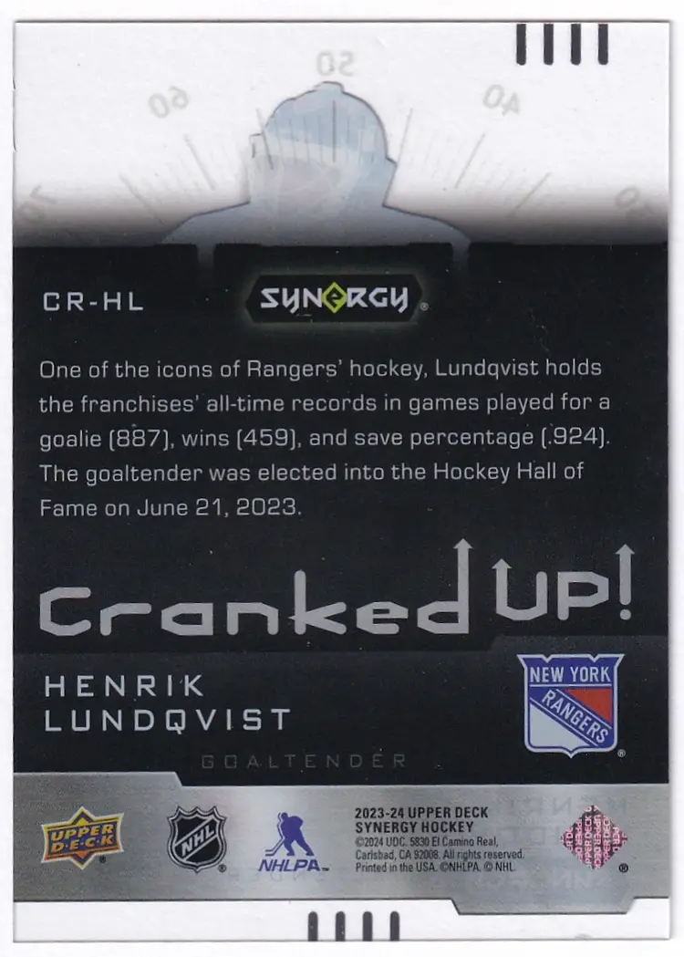 2023-24 Synergy Cranked Up #CRHL Henrik Lundqvist New York Rangers Hockey Card