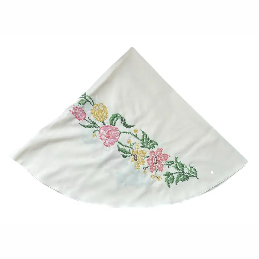 Round Cross Stitch Embroidered Tablecloth Pink Roses Cottage Core Country Vintage 60”