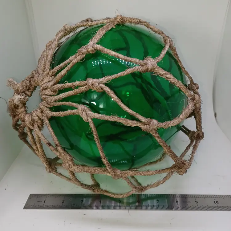 Vintage Japanese Blown Glass Green Fishing Buoy Jute Rope 9 in