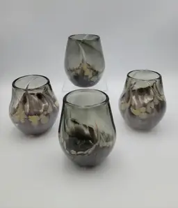 Signed Hand Blown Stemless Wine Glasses Set of 4.