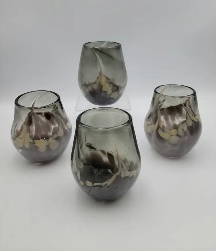 Signed Hand Blown Stemless Wine Glasses Set of 4.