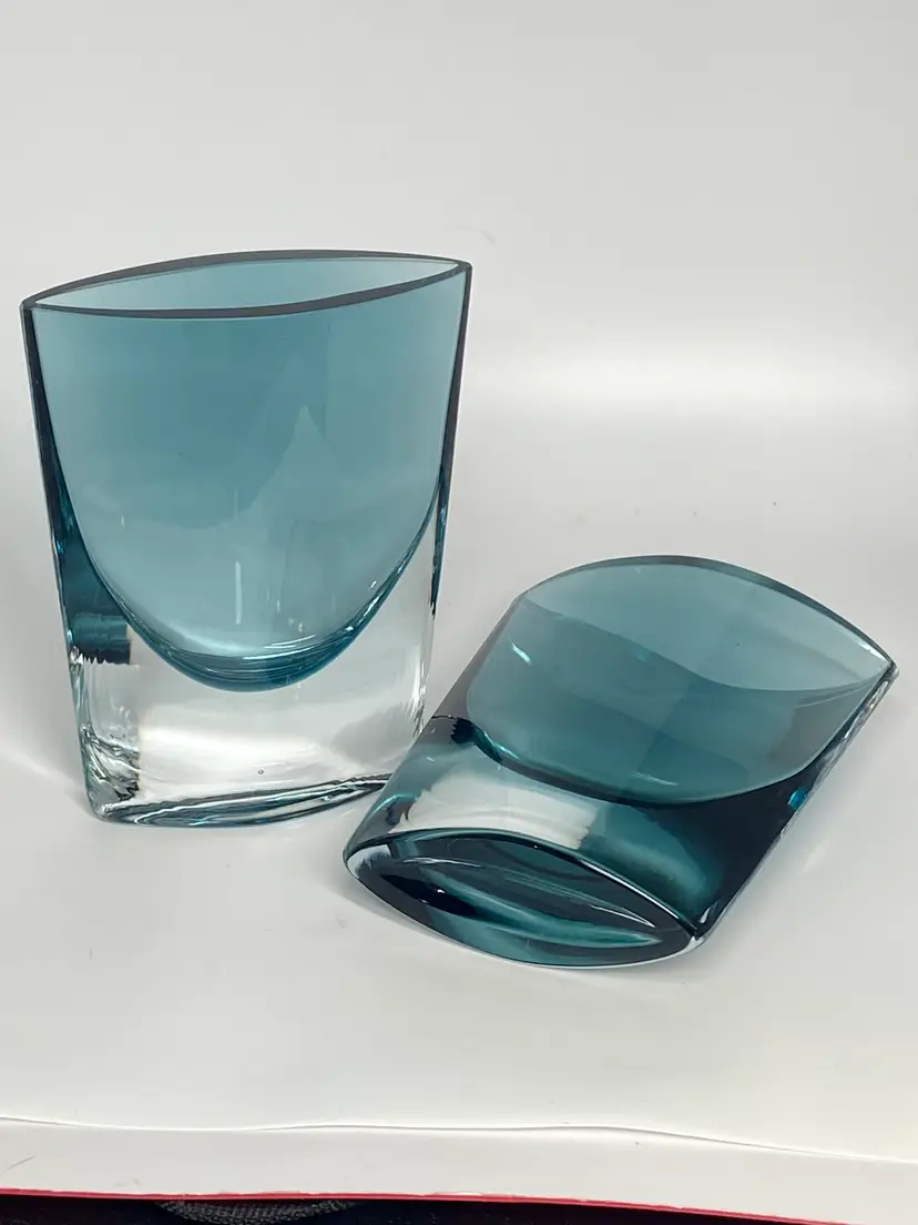 2 LSA Int'l Smokey Blue Art Glass Ovoid Vases, Made in Poland, 4.75" Tall