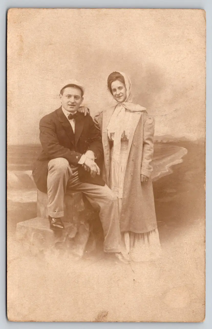 Postcard RPPC Husband and Wife Seated Real Photo Women with Scarf - 9293