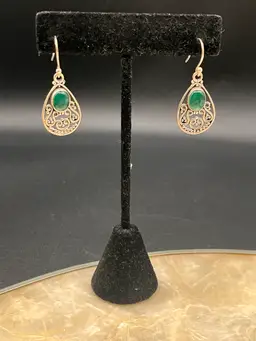 #32 Vintage Sterling Silver 925 Green Onyx Gemstone Filigree Teardrop Dangle Earrings 1.5”