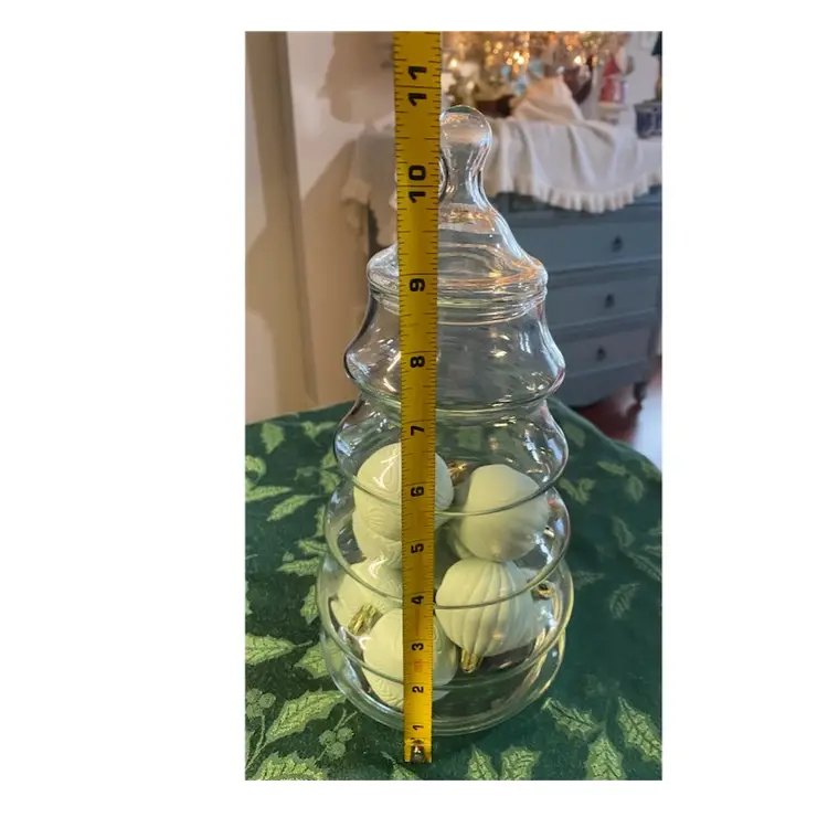 Vintage Glass Christmas Tree Lidded Jar Filled with 9 Small Faux Jadeite Painted Unbreakable Ornaments