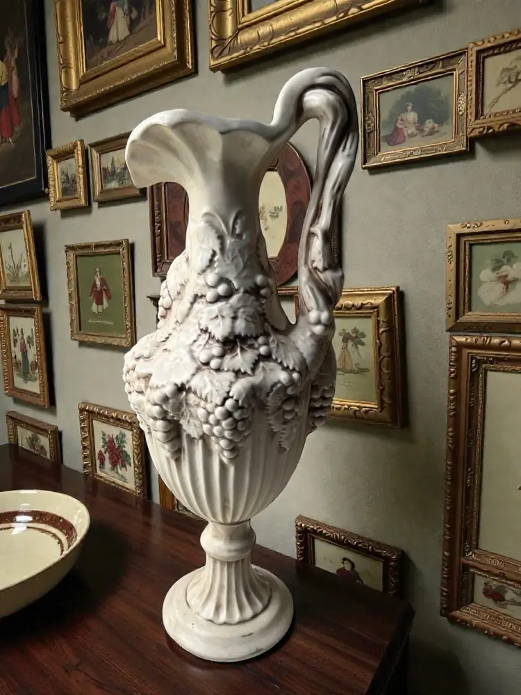 007 Arnell Pottery Ewer antique white grapes vines 1960s marked MD 14" x 5.5"