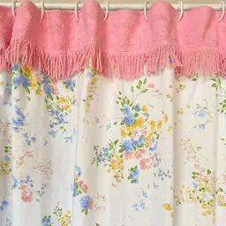 Vintage Fabric Shower Stall Curtain Upcycled Floral with Pink Fringe