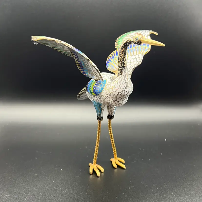 Chinese Cloisonne Crane Bird Blue White Gold Expanded Wings Free Standing 5.5”