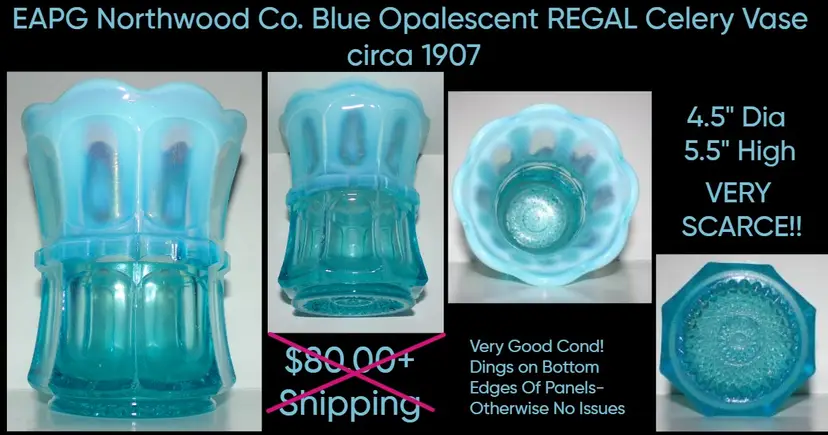EAPG Northwood Glass Blue Opalescent REGAL Celery Vase c1907, RARE!