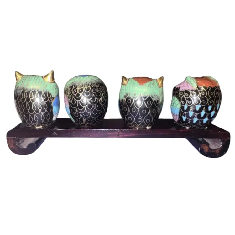 Vintage Traditional Chinese Cloisonne 4 Owls on Wood Perch