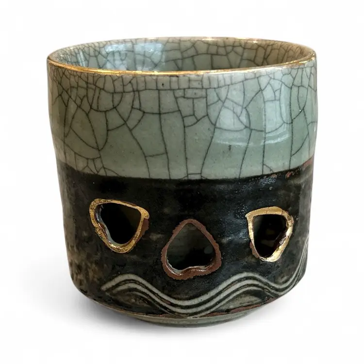 Vintage Somayaki Tea Cups Set of 3 Jade Green Gold Accents