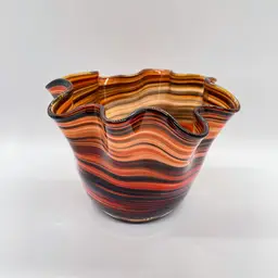 Pier 1 Blown Glass Red Orange Black Twist Swirl Ruffle Vase Bowl Murano Style
