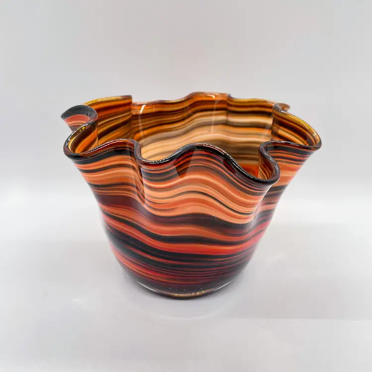 Pier 1 Blown Glass Red Orange Black Twist Swirl Ruffle Vase Bowl Murano Style
