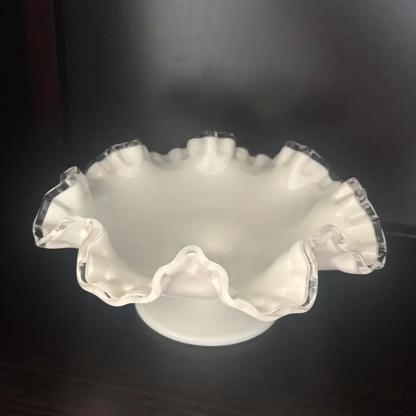 Vintage Fenton Silver Crest Ruffled Milk Glass Pedestal Bowl