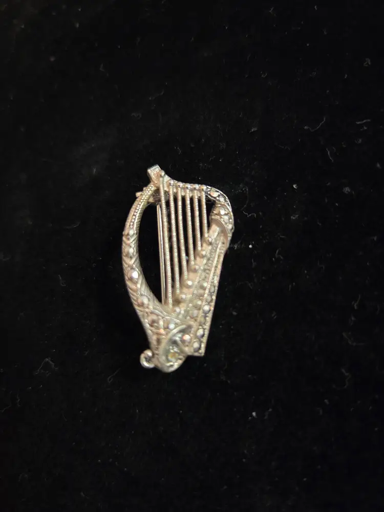 Vintage Silver and Marquisate Harp Brooch (marked silver not tested)