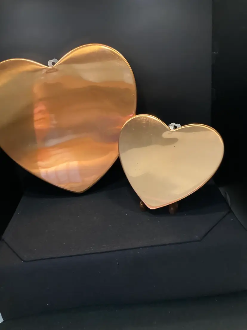 Set Of Two Vintage Copper Colored Metal Cookie Molds/wall Hanging Hearts 12” And 7” made in Korea