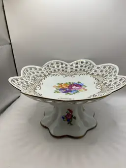 Dresden Porcelain Multicolor Applied Flowers Hand-painted Compote Bowl Dish