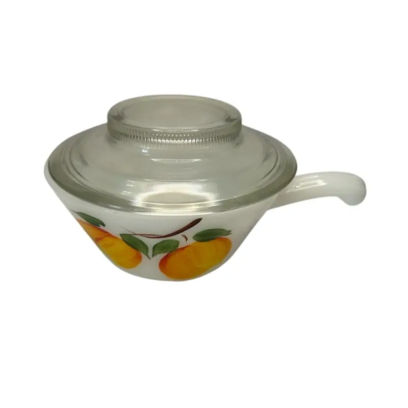 Anchor Hocking Fire King Milk Glass Handled Casserole Bowl With Handle Hand Painted Peach Design @5x2 1/2 With Lid