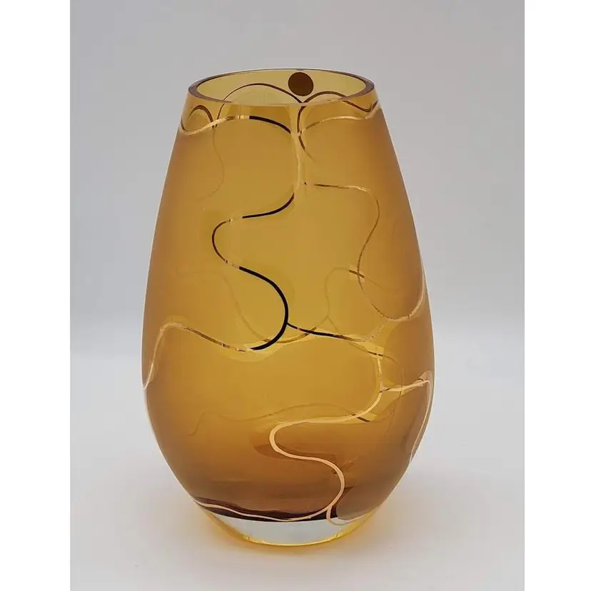 Krosno Poland Jozefina Etched Amber Vase w/ Original Stickers