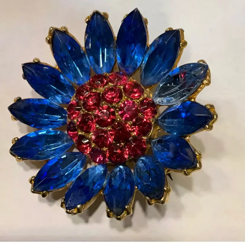 Vintage Blue And Pink Rhinestones In Floral Brooch.