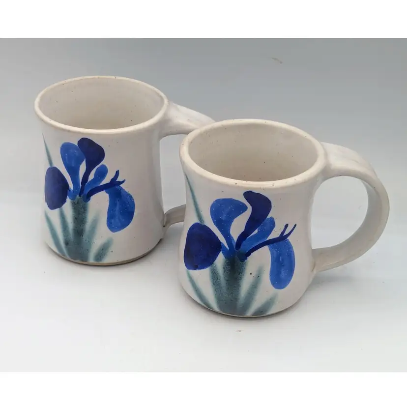 Vintage Pysht Pot Pottery Mugs 1987 Washington State Blue Iris Flower
