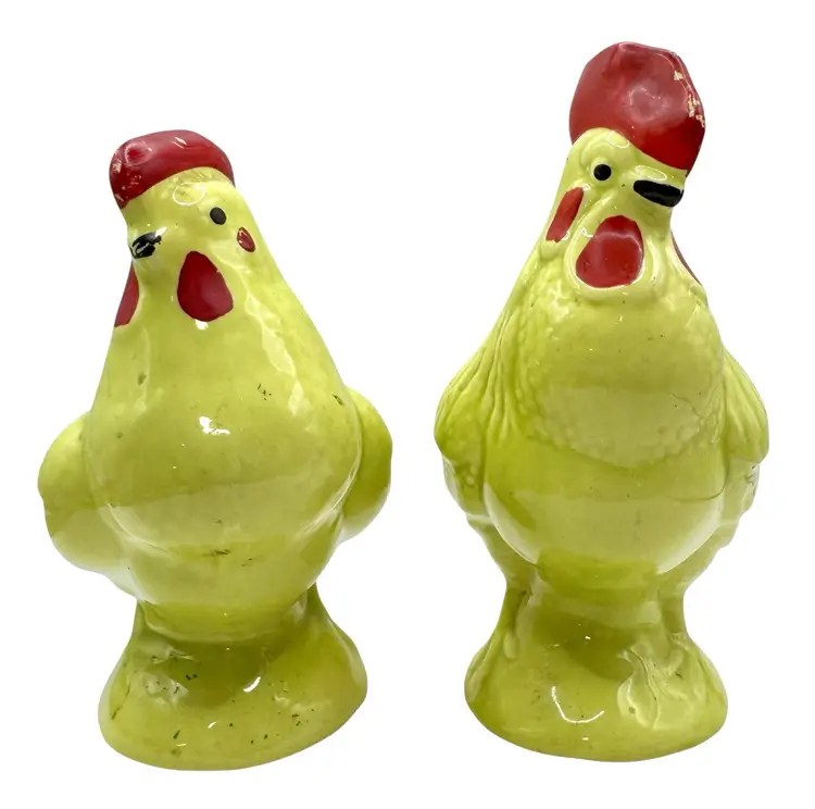 Set of 2 Vintage Rooster Chicken Planters Vase Ceramic Country Farmhouse Green