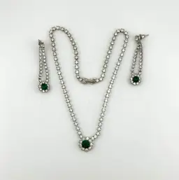 Vintage Silver Tone Clear and Emerald Rhinestone Necklace and Pierced Earring Set