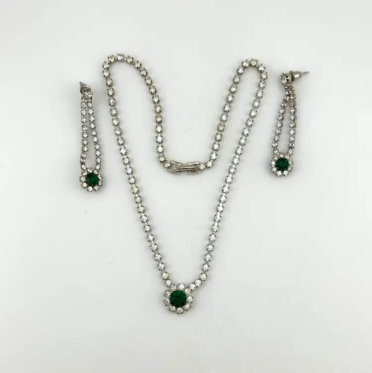 Vintage Silver Tone Clear and Emerald Rhinestone Necklace and Pierced Earring Set