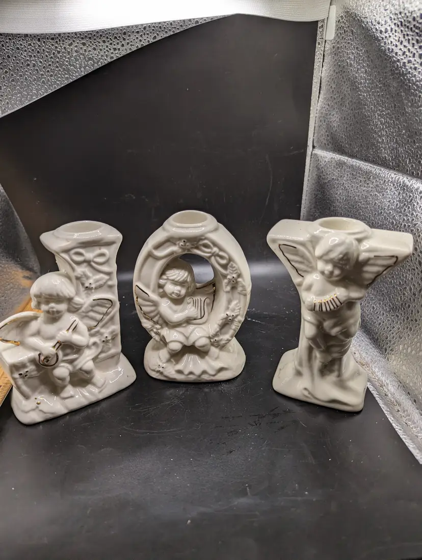 Vintage Ceramic Angels Cherubs Holiday Christmas JOY Taper Candle Holders