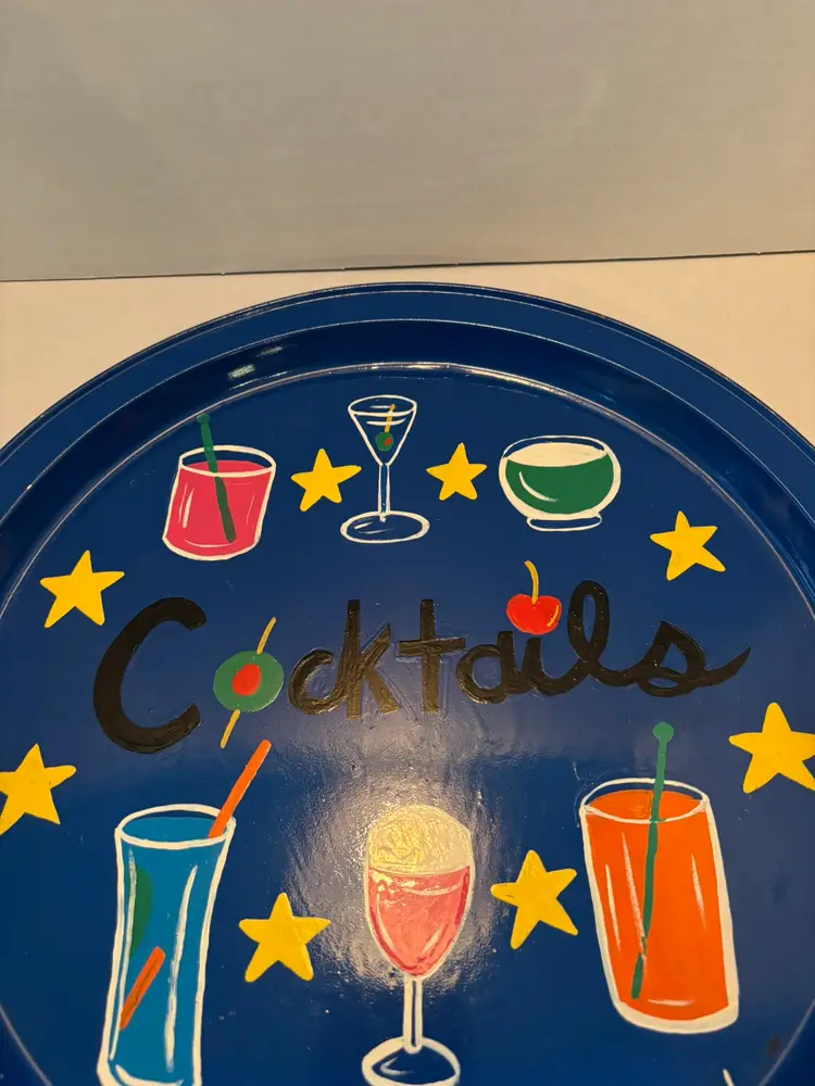 Vintage Metal Round Serving Tray Hobby Piece "Cocktails" Signed Blue in Color