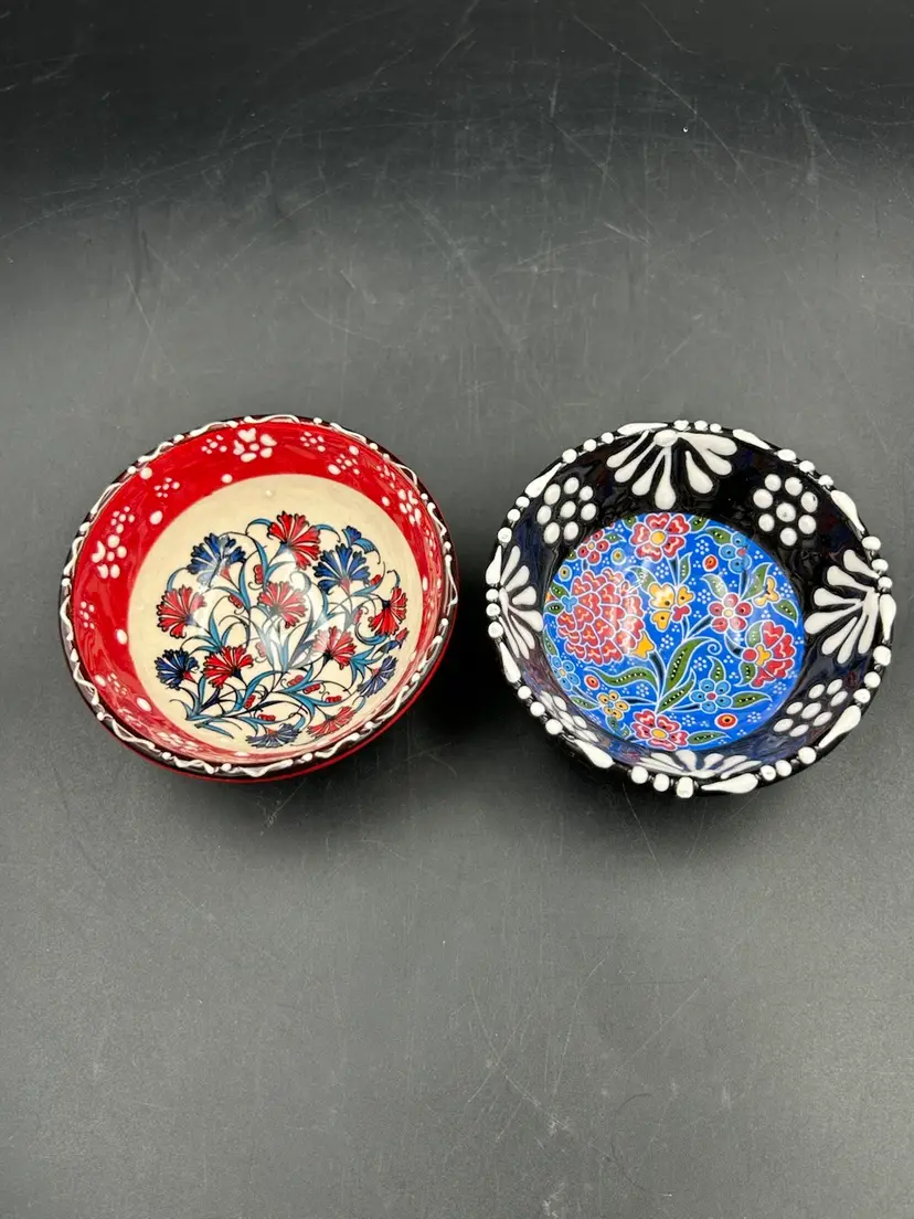 2 Hand Painted Turkey Iznik Ceramic & Enamel Bowls Tulip Carnation Flowers