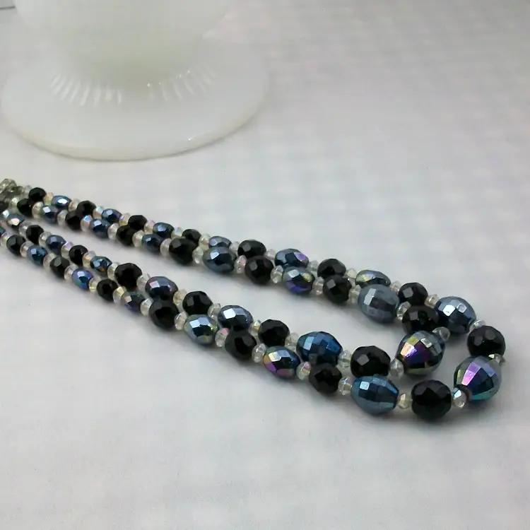 Vintage Double Strand Mid Century Modern Black Iridescent AB Glass Bead Necklace