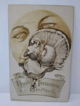 John Winsch Thanksgiving Postcard Schmucker Victorian Lady Sun Moon Face 1911