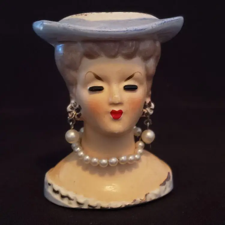Head Vase Lady with Original Earrings Necklace from Japan Mini at 3 1/4" Vintage