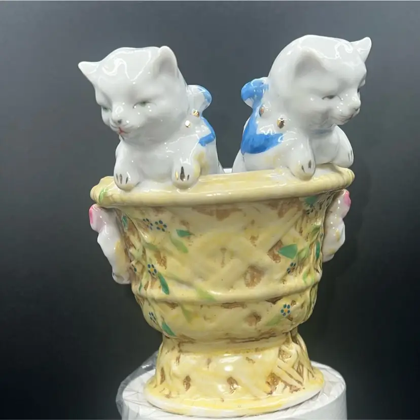 L&M L M Ceramic Cats in Blue Urn Vintage Kittens 1950s Figurine
