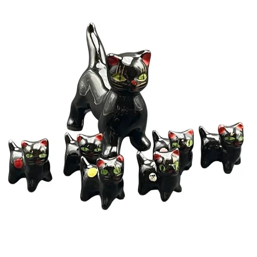 Wales Black Cat with Kittens Figurines Redware Set of 7 VTG MCM Kitsch Kitschy