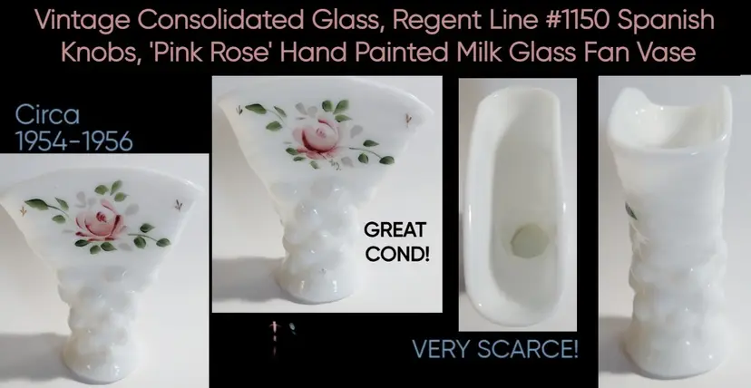 Vintage 1950s Very Scare Consolidated Milk Glass Regent Line, Spanish Knobs Pink Rose Fan Vase