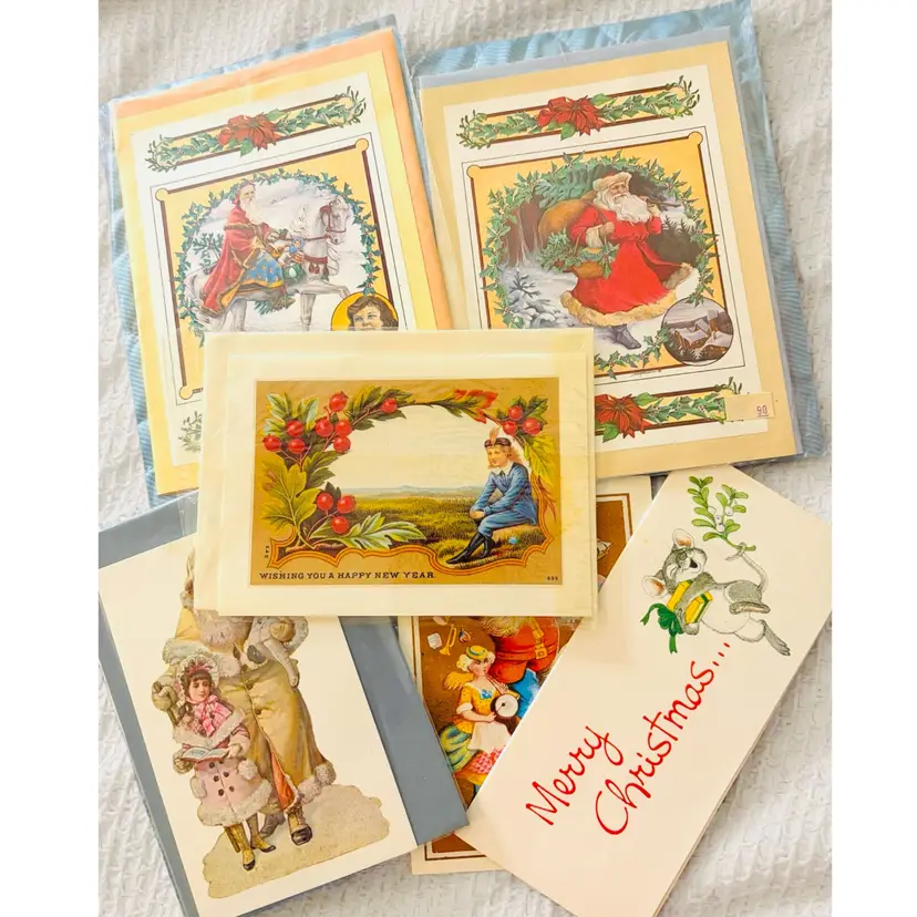 5 Vintage Ephemera Unused 1980s Victorian Reproduction Christmas Cards -1 New Years Card - 3 Slightly Damage Read