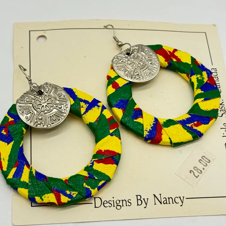 Vintage 1980’s Hand Made Dangle Earrings Leather Metal Mixed Material Retro OOAK