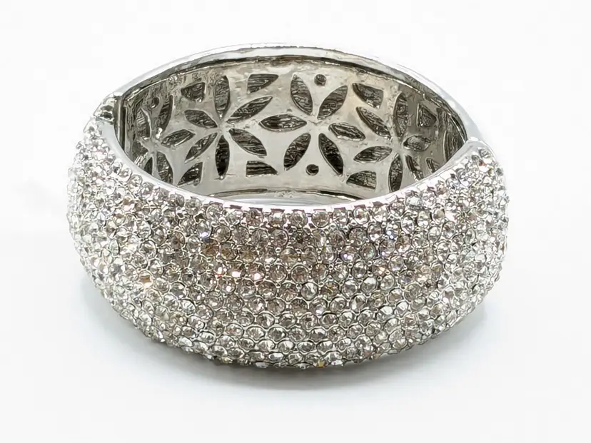 Vintage Silver Tone Crystal Rhinestone Hinged Wide Bangle Bracelet