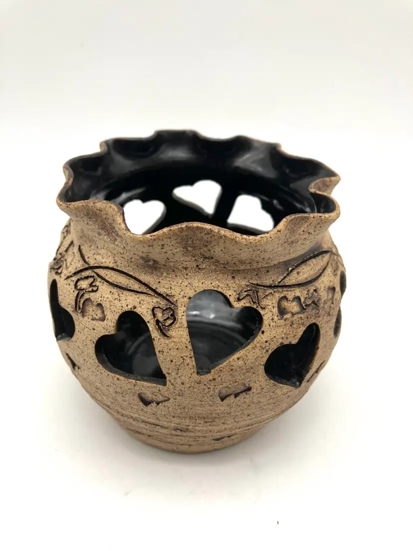 BIN - Vintage Stoneware Votive Holder With Cut Out And Stamped Hearts Signed Jackie ‘92.