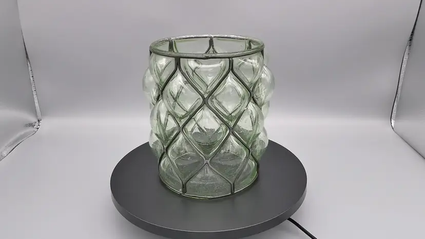 Brutalist Caged Green Glass Candle Shade Hand Blown Seed Bubble Wrought Iron Metal 5.75"