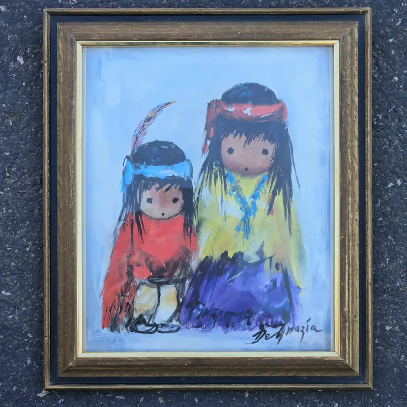 Ettore Ted DeGrazia Print "Wondering" Facsimile Signed in Wood Frame (13"×14½")