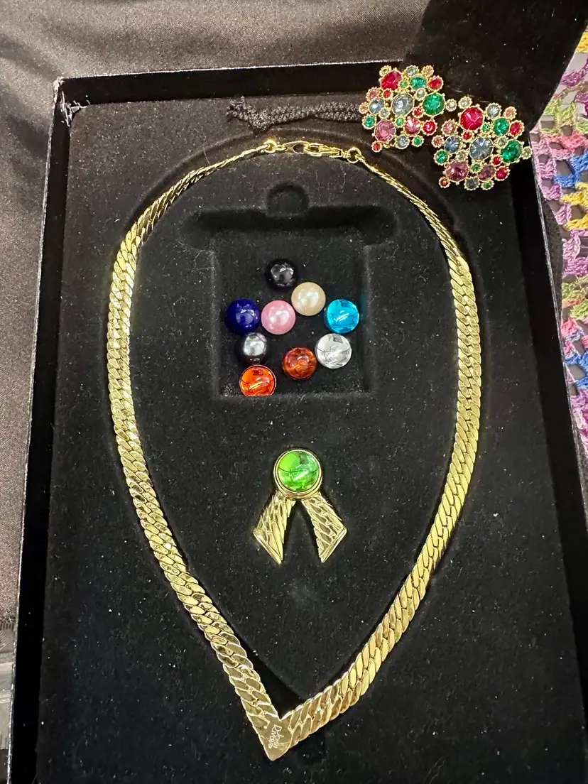 Joan Rivers Cabochons Herringbone Gold Necklace Set Earrings In Box Certificate