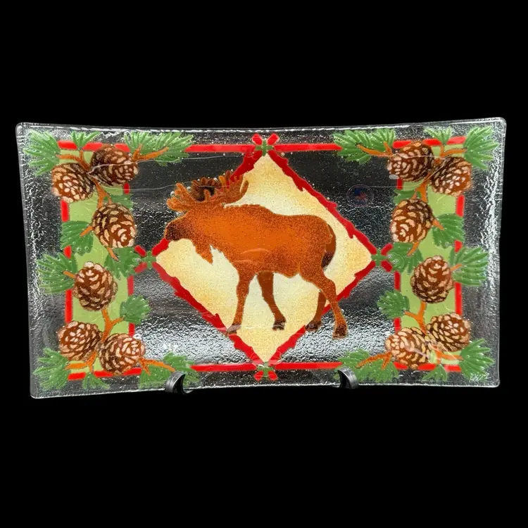 Peggy Karr Signed Fused Art Glass Tray Plate The Lodge Moose Pine Cones