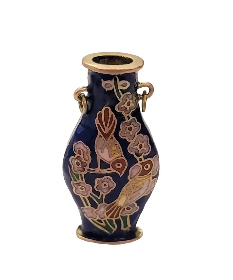 Vintage Blue Enamel Brass Vase, Birds Charm, Pendant E560